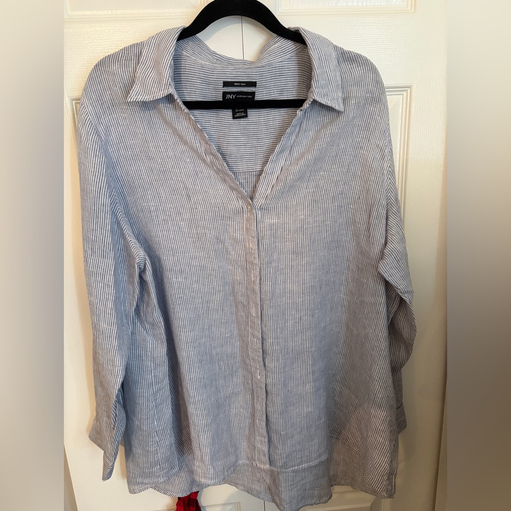 Jones New York Light Blue Striped Casual Shirt 100% linen